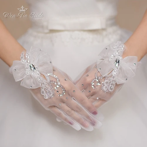 Guantes cortos de gasa de cristal con lazo blanco