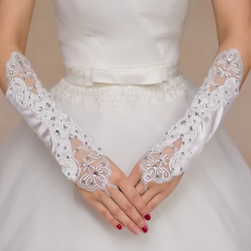 Guantes bordados con cuentas de malla hueca de satén elástico con diseño de diamante