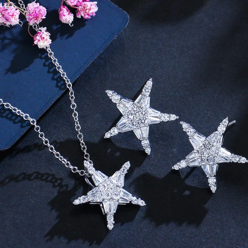 Unique Star Design Rhinestone Necklace and Earrings Jewelry Set