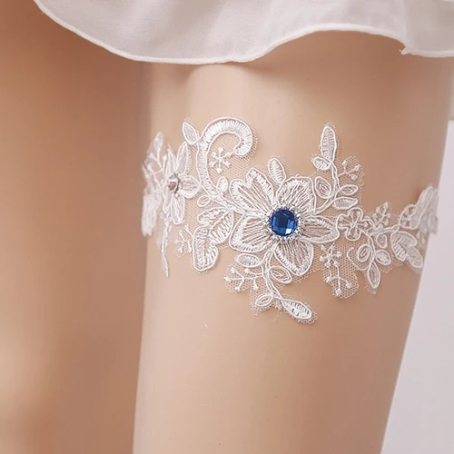 Blaues, elastisches Strumpfband mit Diamantspitzenapplikationen, Länge 40-58 cm