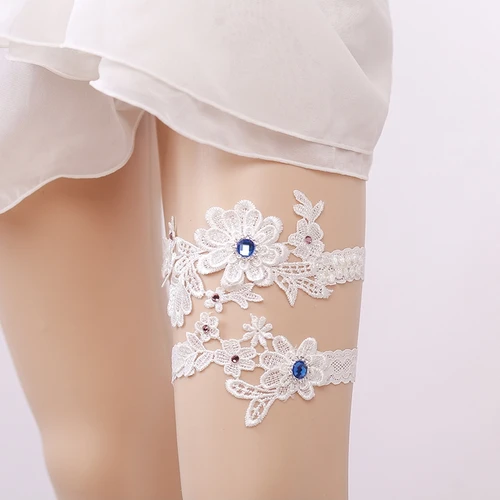 Zwei Sets elastischer Brautstrumpfbänder im Western-Stil mit blauem Diamantmuster und elastischer Spitze (16-23 Zoll)