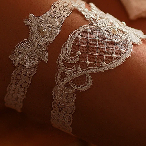 Handgefertigtes, perlenbesetztes, sexy zweiteiliges Spitzenstrumpfband mit elastischem Bund (16-23 Zoll)