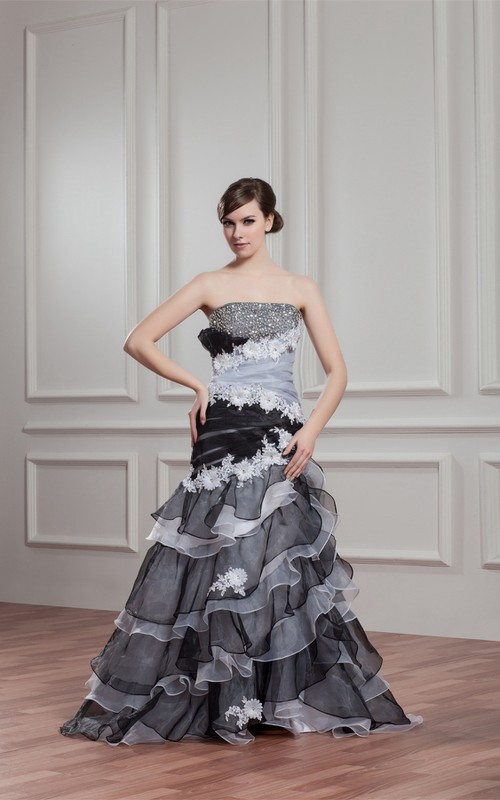 Black-And-White A-Line Tiered Rhinestone and Gown With Flower