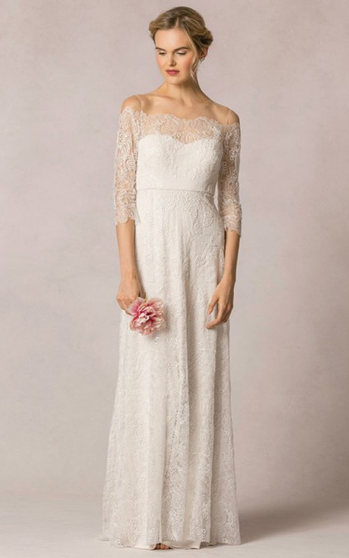 Sheath Off-The-Shoulder Floor-Length 3-4-Sleeve Lace