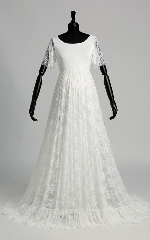 A Line Scoop Illusion Short Sleeve Floor Length Satin Lace Maternity A Line Scoop Illusion Short Sleeve Floor Length Satin Lace Maternity Wedding Dress With