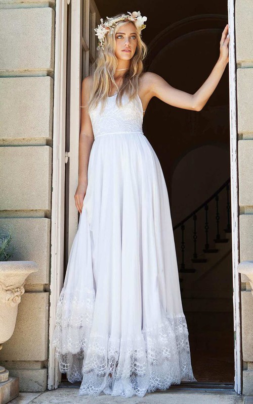 Graceful Floor Length Sleeveless Chiffon Lace Wedding Dress