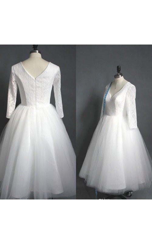 Tea Length High Quality A Line V Neck Lace Top Puffy Tulle Short Tea Length High Quality A Line V Neck Lace Top Puffy Tulle Short Wedding Dress