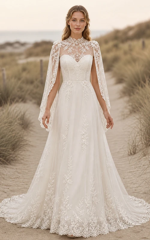 Vestido de novia bohemio de manga larga, corte A, escote barco, cola catedral de encaje con alas