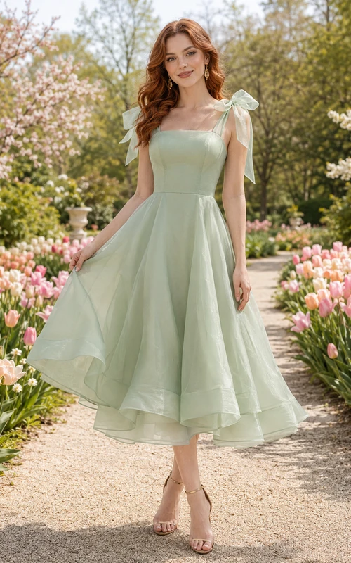 Sage One Shoulder Bow Strap Tulle Garden Midi Dress
