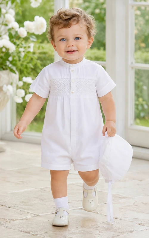 White Minimal Mandarin Collar Short Sleeve Christening One Piece for Baby Boy
