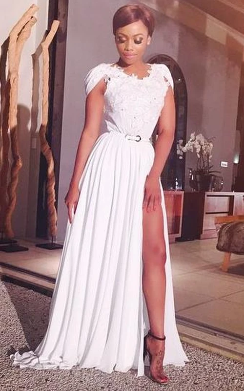Robe de bal sexy en mousseline à col en V et manches courtes, ornée d'appliques fendues sur le devant