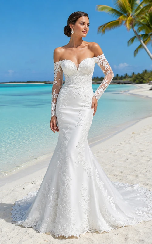 Robe de mariée sirène en dentelle à épaules dénudées et manches illusion, style bord de mer