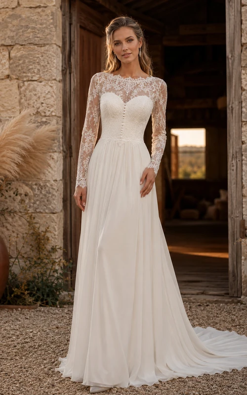 Robe de mariée bohème bateau longue en mousseline de soie à manches illusion en dentelle et traîne balayée, coupe trapèze, manches en dentelle et mousseline.