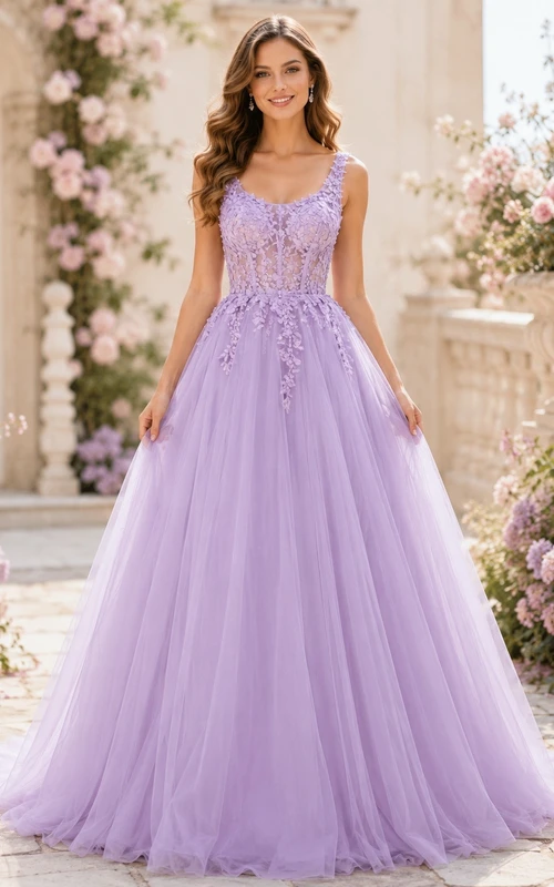 Vestido de gala de corte A sin mangas con escote cuadrado de tul color lavanda