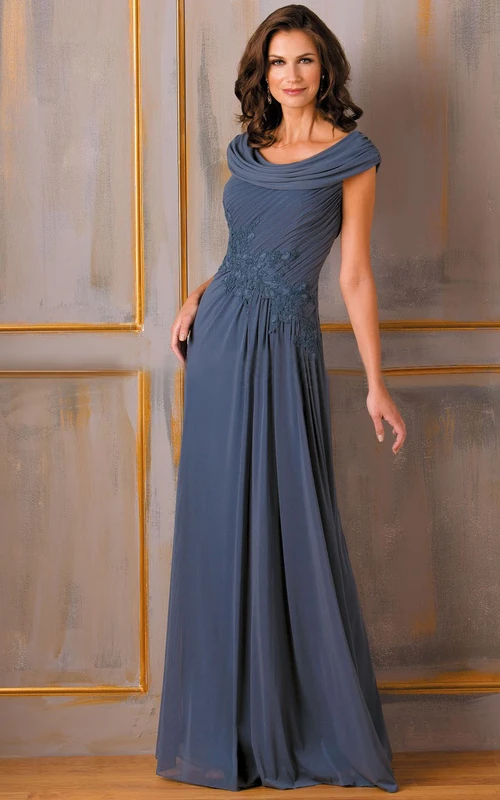 Elegant Draped Cowl Neck Evening Gown with Lace Embellishments