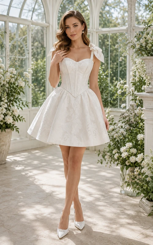 Vestido de novia corto de satén con escote corazón y lazo en el hombro, corte A.