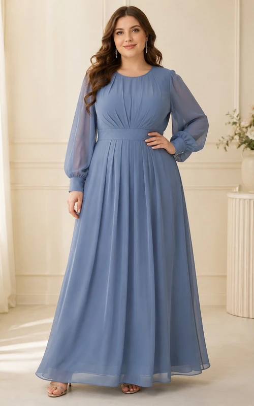Slate Blue Plus Size Modest Scoop Neck Long Sleeve Chiffon A-Line Dress