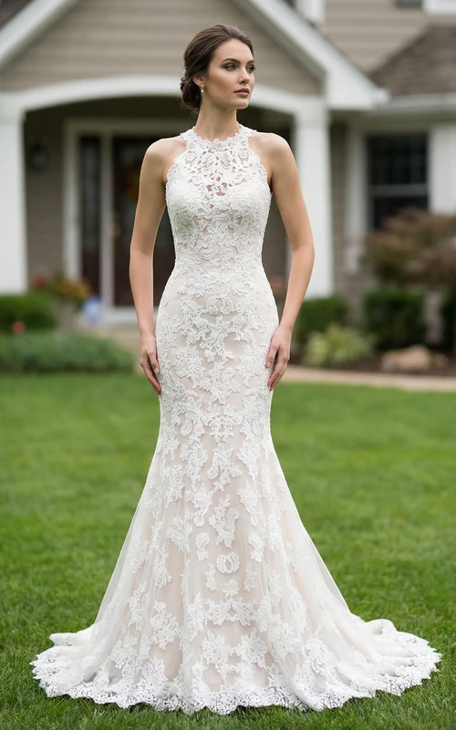 Ärmelloses Meerjungfrauen-Meerjungfrauenkleid mit Illusionseffekt, hohem Kragen und Vollspitze, Meerjungfrauen-Stil