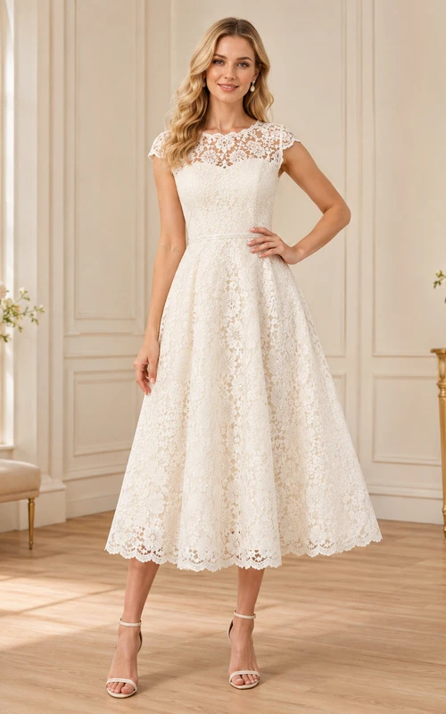 Vestido de cóctel formal romántico color marfil con escote barco, mangas cortas, encaje ilusión, corte en A y largo hasta la rodilla.