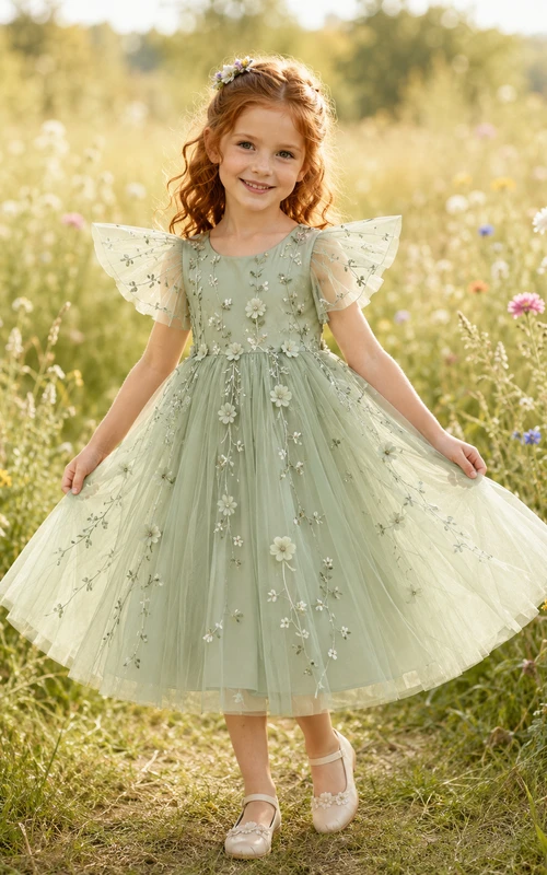 Flower Girl Dress A-Line Sage Fairy Wing Tulle Flower Sleeve Garden