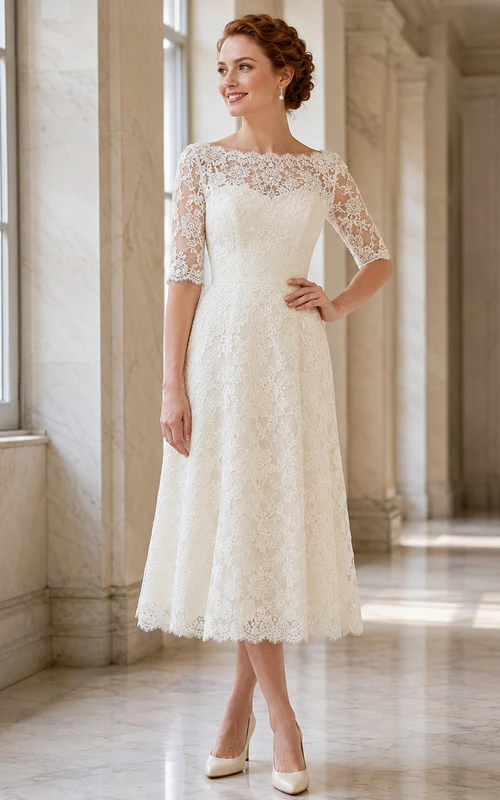 Midi Lace Sleeve A Line Civil Ceremony Wedding Dress