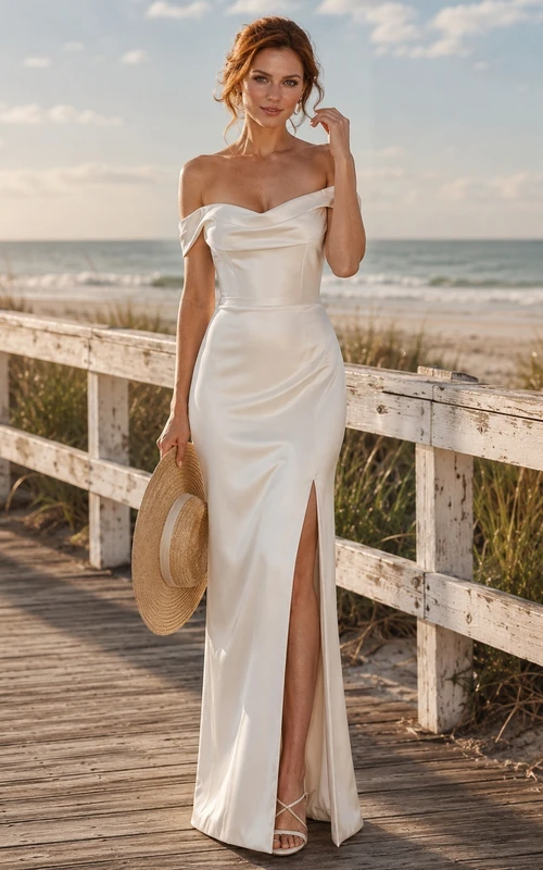 Strand-Satin-Etui-Kleid mit schulterfreiem Ausschnitt, Wasserfallkragen und Schlitz für eine Hochzeit im Ausland