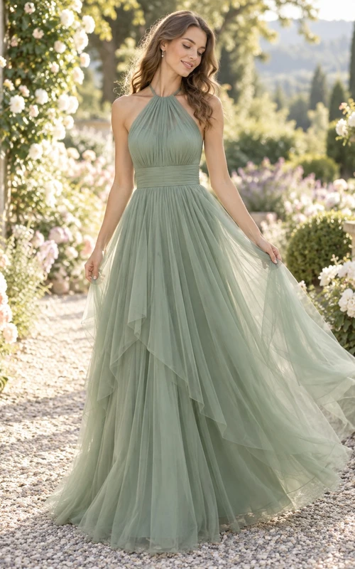 Vestido de dama de honor largo hasta el suelo, de corte A, con tul fruncido en capas y escote halter, color verde salvia.