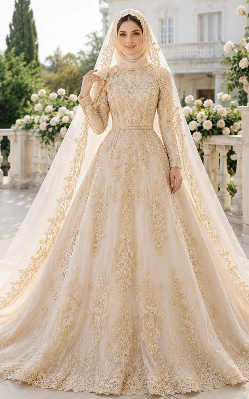 Champagne Gold Muslim Lace Cathedral Train Wedding Dress