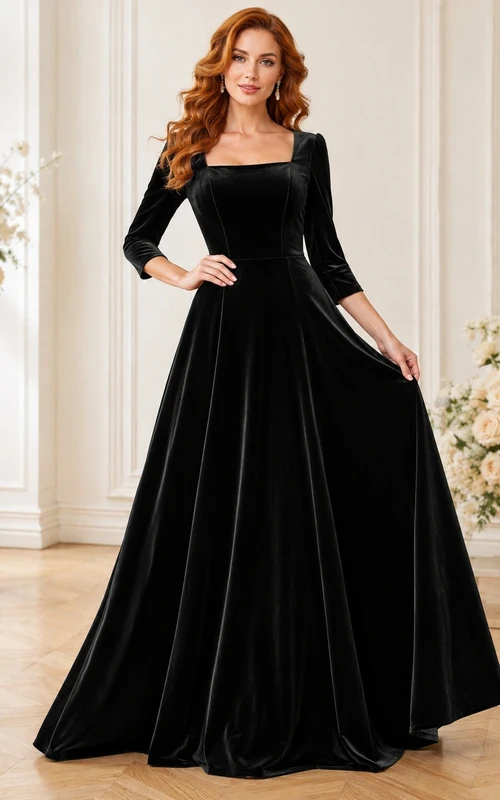 Black Square Neck Three-Quarter Sleeve Velvet A-Line Floor-Length Formal Gown