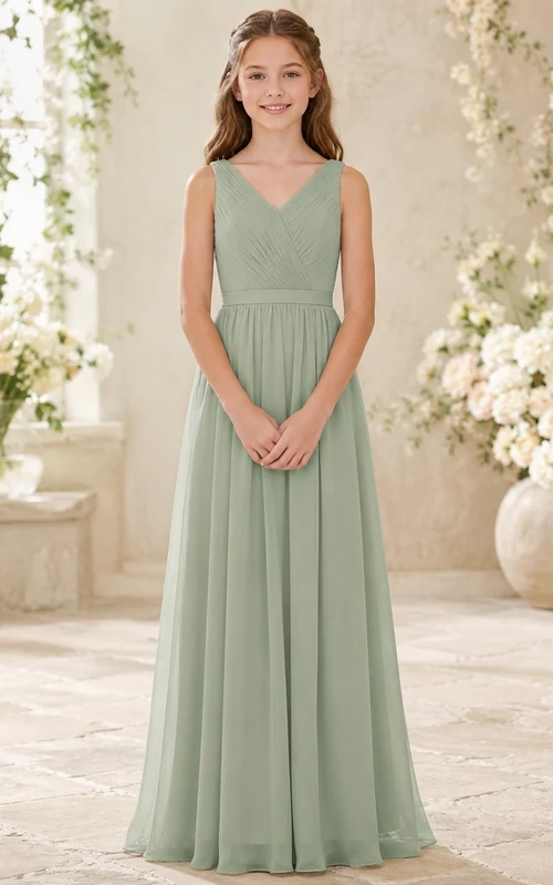 Vestido de dama de honor juvenil color verde celadón empolvado, corte en A, escote en V, sin mangas, de gasa, elegante y formal.