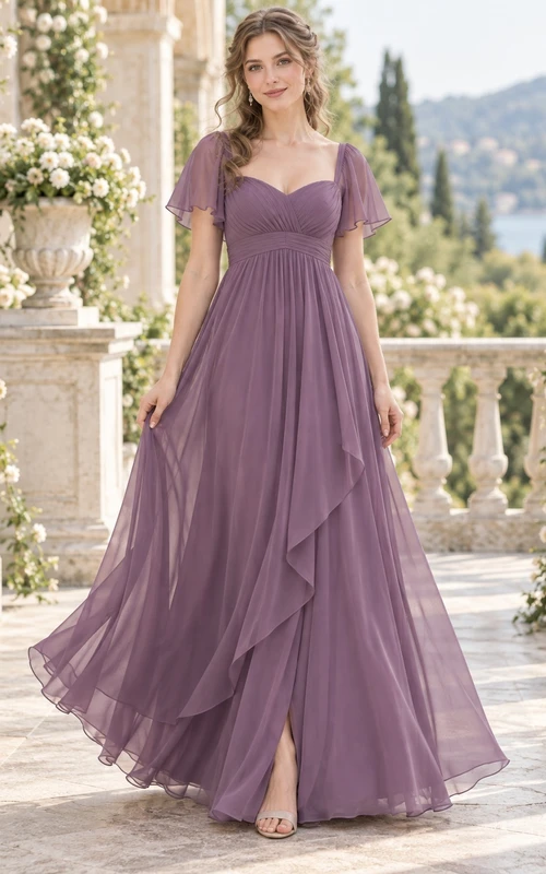 Vestido de dama de honor de gasa fluida con escote corazón y mangas con volantes, estilo Regency, color malva.