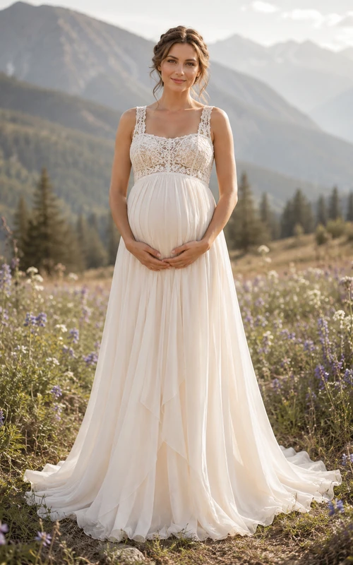 Vestido de novia premamá con escote cuadrado, tirantes de encaje, corte imperio y falda de tul.
