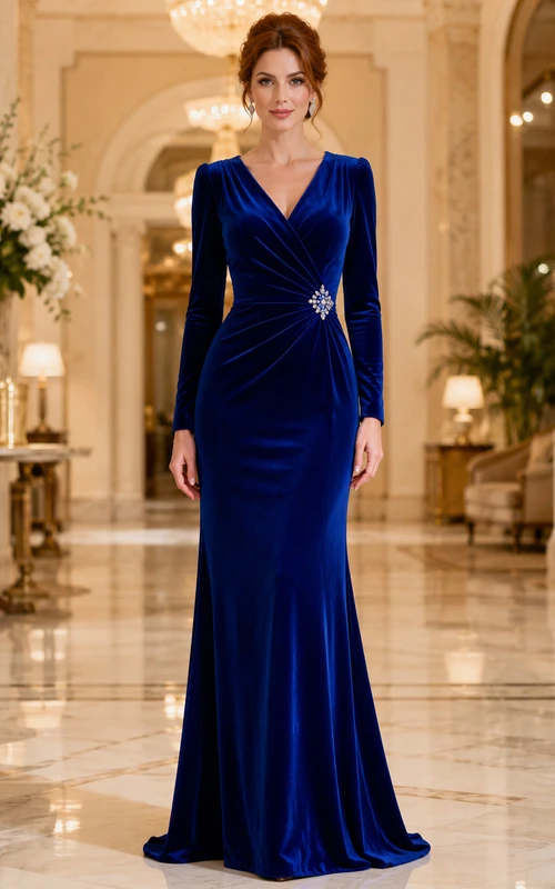 Robe de soirée sirène en velours bleu royal à manches longues et col en V