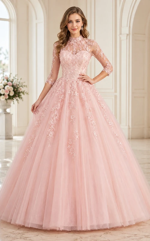Vestido de fiesta formal de princesa de encaje, color rubor, cuello alto, manga larga ilusión, para quinceañera