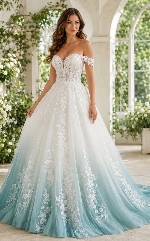 Türkisfarbenes, romantisches Brautkleid in A-Linie mit schulterfreiem Tüll, floralem Muster und Kapellenschleppe