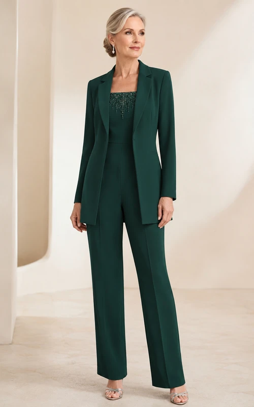 Dark Green Mother Jumpsuit with Jewel Neck Long Blazer Jacket and Straight Leg Pants