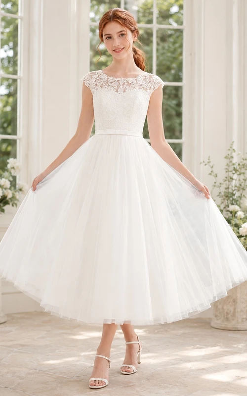 Junior-Brautjungfernkleid, A-Linie, Teelänge, Schmuckstein, kurze Ärmel, Spitze, romantisch