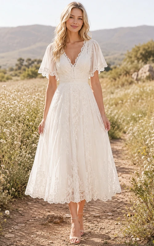 Boho-Brautkleid mit flatternden Ärmeln und Wiesenmuster, wadenlang