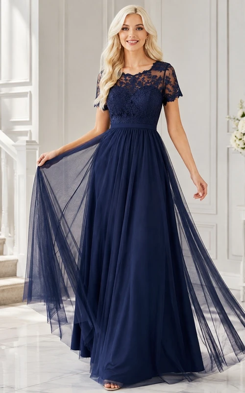 Navy Lace Illusion Cap Sleeve A-line Floor-length Evening Dress