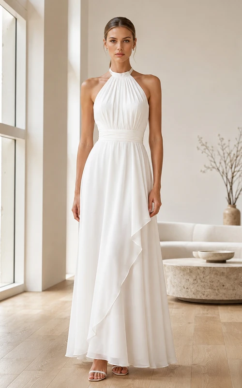 Robe de mariée moderne en mousseline de soie, drapée asymétrique, coupe trapèze, longueur au sol, dos nu, sans manches, robe de mariée longue sans manches à bretelles.