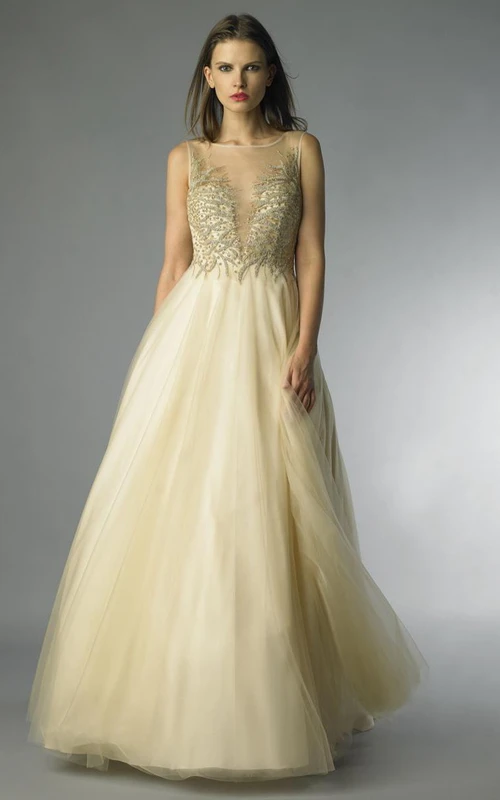 Robe trapèze longue sans manches en tulle à décolleté en V plongeant dans le dos