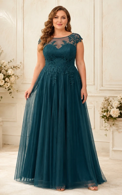Dunkelpetrolfarbenes, bodenlanges, schlichtes Brautkleid in A-Linie aus Spitze und Tüll in großen Größen