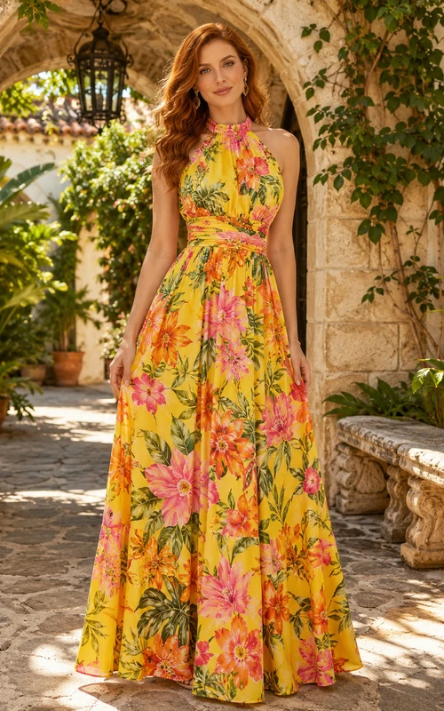 Yellow floral halter tie waist resort maxi dress