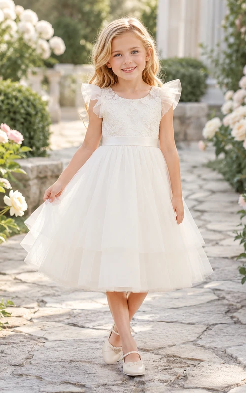 Adorable vestido de tul hasta la rodilla con mangas acampanadas y cuello joya, corte A, ideal para niñas de las flores.