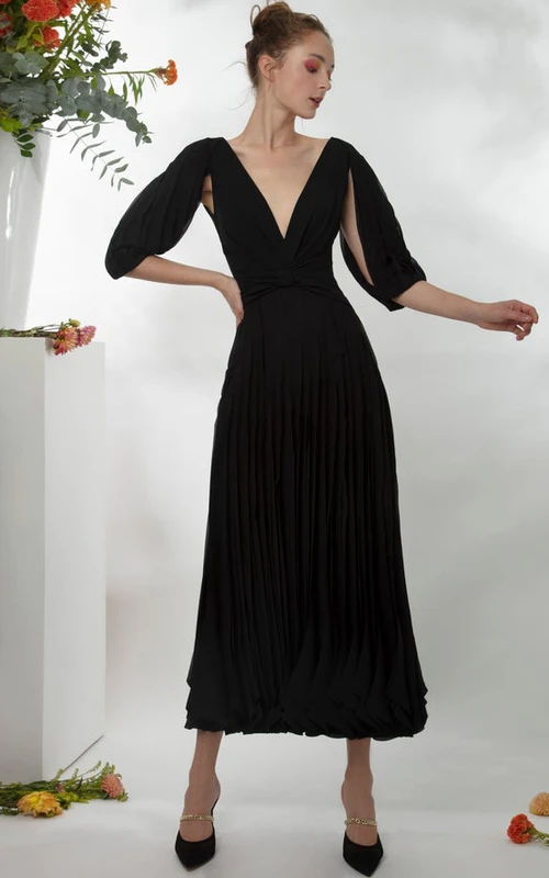 Sexy Chiffon-Cocktailkleid mit tiefem V-Ausschnitt, halben Ärmeln, Raffungen und tiefem V-Ausschnitt am Rücken