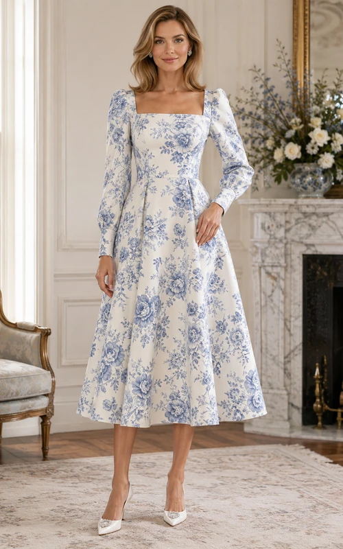 Vestido de invitada de tafetán con cuello cuadrado y mangas abullonadas, estampado floral blanco y azul.