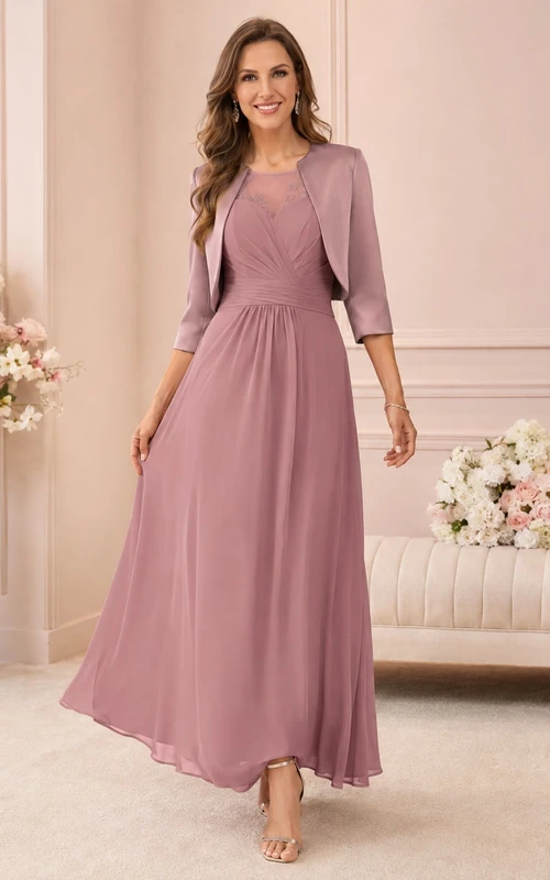 Romantic Vintage Mauve Three-Quarter Sleeve Chiffon A-Line Floor-Length Bolero Gown