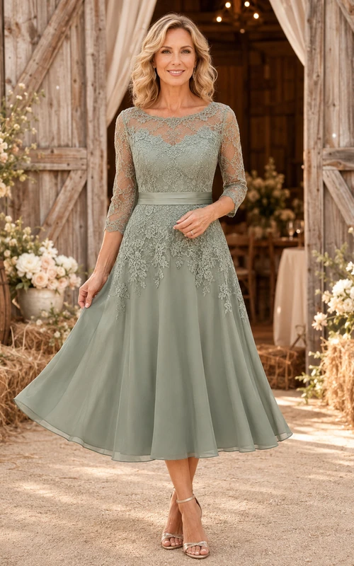 Romantisches Landhauskleid im Landhausstil mit Illusion-Ausschnitt, dreiviertellangen Ärmeln aus Spitze und Spitze in Salbeigrün – perfekt für die Mutter der Braut.