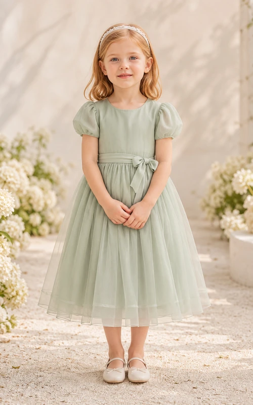 Sage Puff Sleeve Tulle A-Line Flower Girl Dress with Jewel Neck, Tea-Length Skirt and Sash Detail