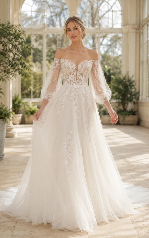 Robe de mariée de luxe en dentelle florale, épaules dénudées, manches longues, coupe trapèze, traîne chapelle festonnée, manches longues et dentelle florale, coupe trapèze.